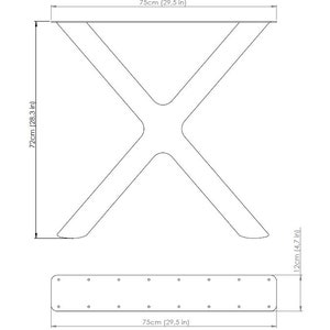 May include: Line drawing of a table base with an X-shaped design. The base is 28.3 inches tall and 29.5 inches wide. The base is made of metal and has a brushed finish. The base is designed to be used with a table top.