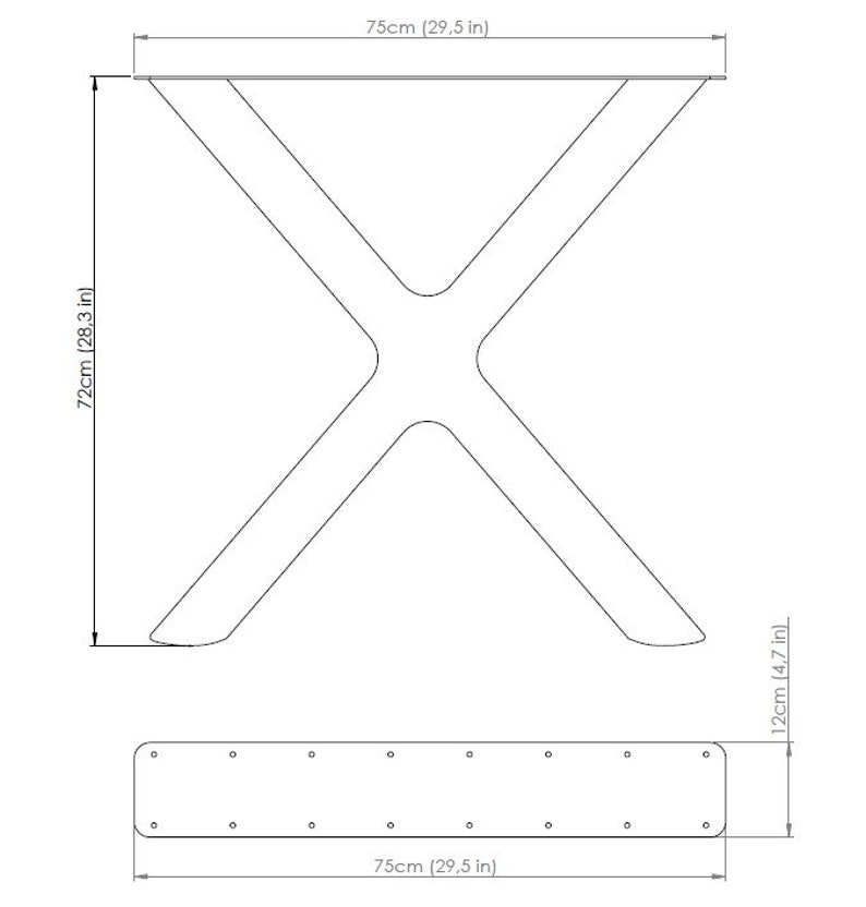 May include: Line drawing of a table base with an X-shaped design. The base is 28.3 inches tall and 29.5 inches wide. The base is made of metal and has a brushed finish. The base is designed to be used with a table top.