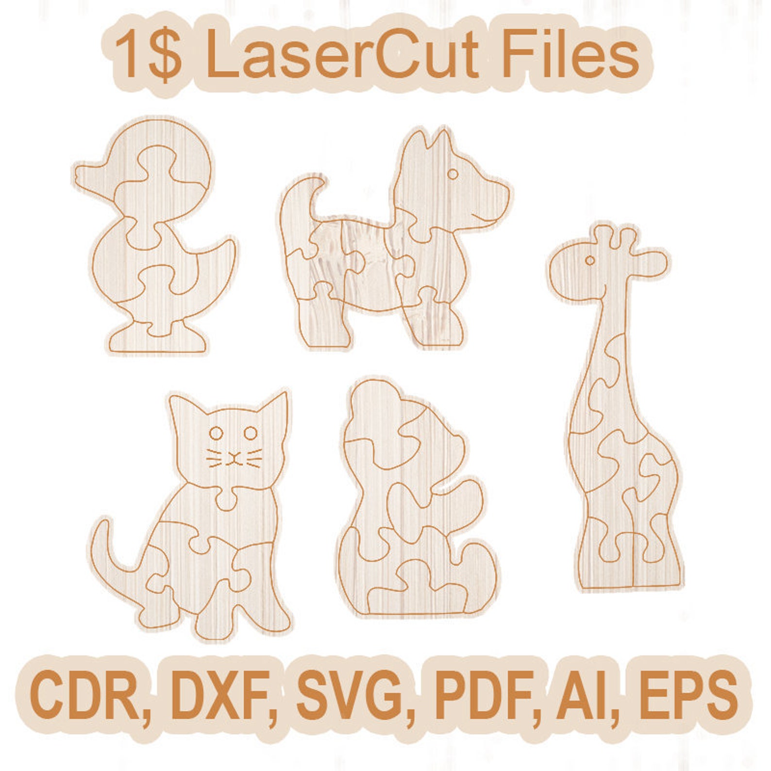 Paintable 5 Animals Jigsaw Puzzle Cnc LaserCut Files Dxf Etsy
