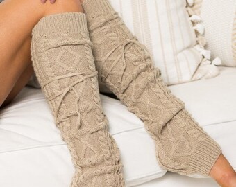 Cable Knit Leg Warmer Long Tie