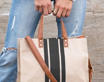 Canvas Stripe Tote Women's Handbag Canvas Shoulder Bag Purse Unisex Shoulder Bag