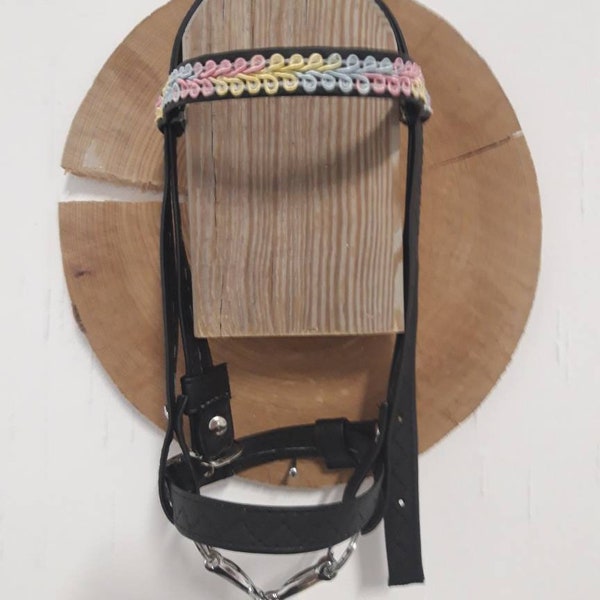 Hobbyhorse rainbow bridle with reins made of soft leather, sewn in 2 layers for better stability (no webbing)