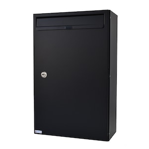 May include: A black, rectangular postbox with a slot at the top for incoming mail and a door with a keyhole. The postbox is wall-mounted and has a simple, modern design.