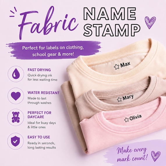 Fabric Name Stamp | Personalised Clothing Stamp | Daycare Name Stamp | Kids School Label Stamp | Waterproof Fabric Stamp