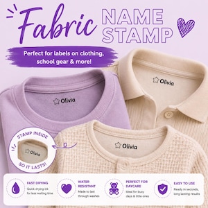 May include: Fabric name stamp with the name "Olivia" printed on clothing. The image shows a purple sweatshirt, a beige collared shirt, and a waffle-knit shirt. The stamp is fast drying, water resistant, and easy to use.