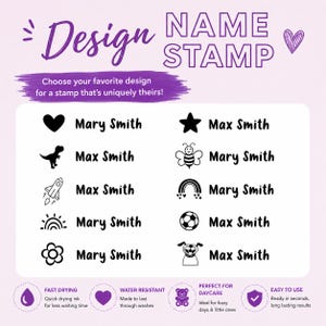 May include: A name stamp design with various icons, including a heart, star, dinosaur, bee, rocket, rainbow, sun, soccer ball, flower, and dog. The stamp includes the text "Design NAME STAMP" and "Choose your favorite design for a stamp that's uniquely theirs!"