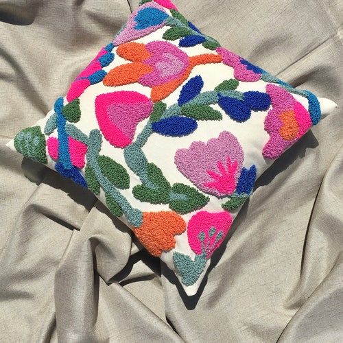 Punch Needle Rainbow Pillow / Embroidery Pillow / Throw Pillow Etsy