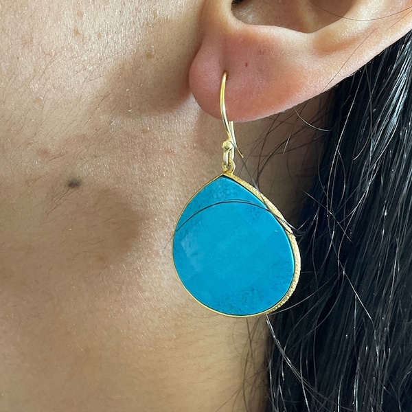 Natural Turquoise Gemstone Earrings for Women 14k Gold Plated Earrings-Birthstone Earrings-Wire Earrings Handmade-Turquoise Drop Earrings