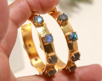 Labradorite Huggie Earrings: 925 Sterling Silver Blue Gemstone