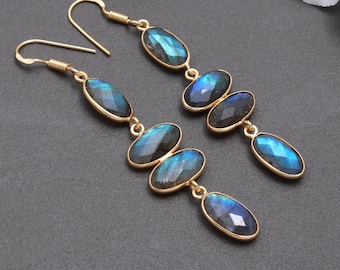 Labradorite Gold Plated Dangle Earrings: Handmade Gemstone Jewelry