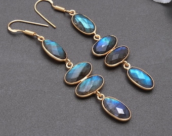 Orecchini placcati oro labradorite-Orecchini pendenti pendenti-Orecchini a gancio fatti a mano-Orecchini delicati da donna-Orecchini con pietre preziose labradorite-Regalo per lei