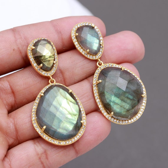 Multistone Earrings with Labradorite, Rose Quartz 14k Gold-plate Sterling Silver Multistone Earrings with Labradorite, Rose Quartz 14k Gold-plate Sterling Silver