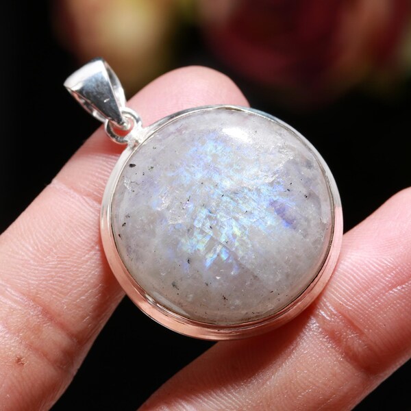 Handmade Silver Moonstone Pendant, Rainbow Moonstone Necklace, Moonstone Round Pendant, Moonstone Jewelry, Dainty Silver Moonstone