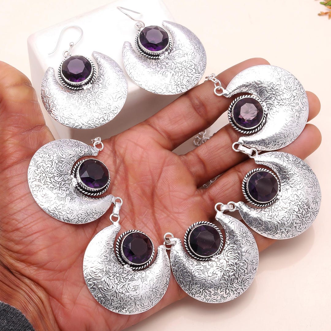 Handmade Amethyst Jewelry Set: 925 Sterling Silver Necklace & Earrings ...