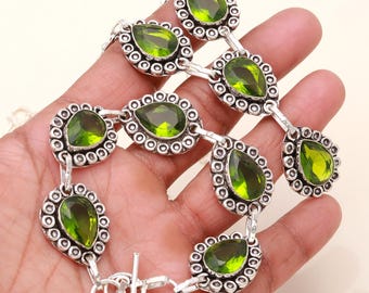 Peridot Gemstone Jewelry Set, Handmade Green Bracelet-Necklace-Pear Cut, 925 Sterling Silver Jewelry, Statement, Birthday Gift