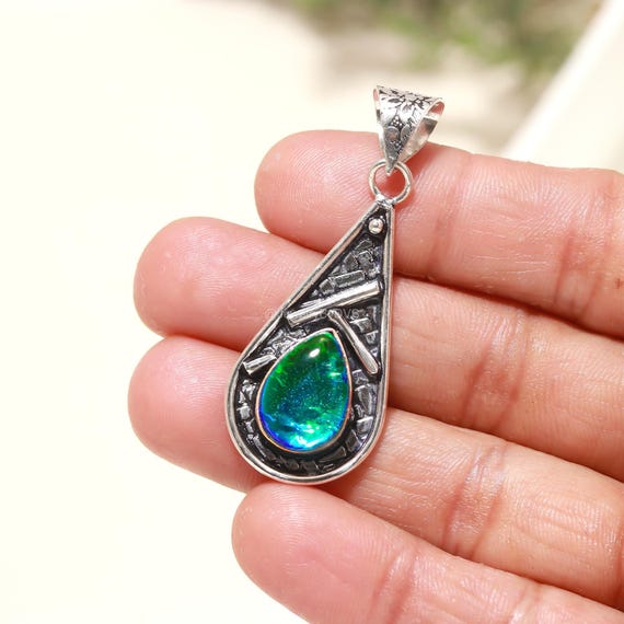 Pendente Solitaire In Opale A Forma Di Pera In Oro Massiccio 14K - Foto 7