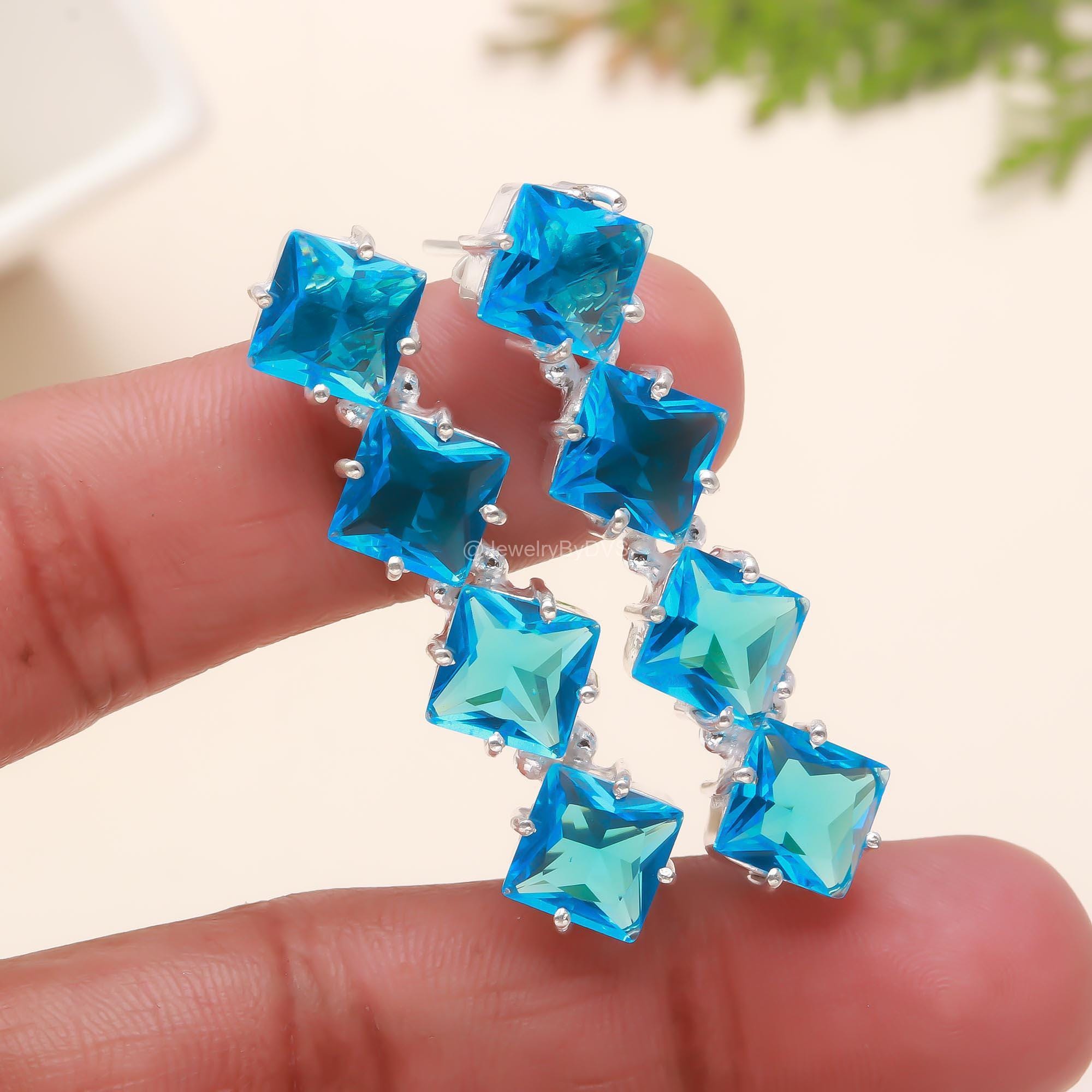 Orecchini Pendenti con Quarzo Rosa e Topazio Blu in Argento Sterling 925 Placcato Oro - Gioielli da Donna con Pietre Naturali