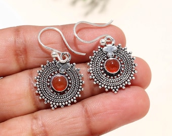Pendientes colgantes de cornalina roja, piedras preciosas redondas, estilo bohemio, en plata de ley 925.