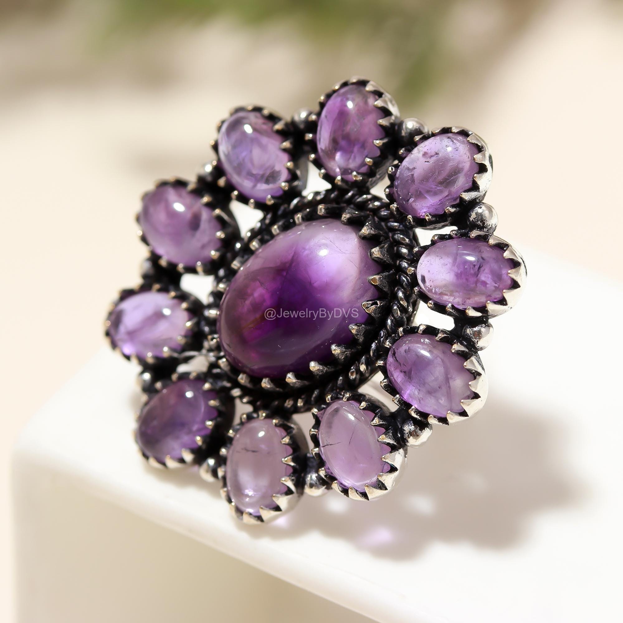 Bague Cocktail En Argent 925 Avec Améthyste Naturelle Et Saphirs Roses - Taille 7 - Fait Main - Neuf