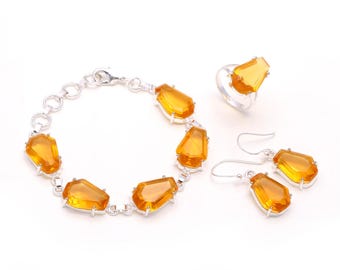 Conjunto de joyas de citrino, pulsera, anillo y pendientes de citrino amarillo natural hechos a mano, joyería de plata de ley 925, conjunto de joyas para regalos llamativos