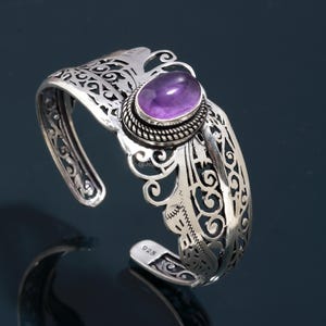 Adjustable African Amethyst Bangle Bracelet: 925 Sterling Silver