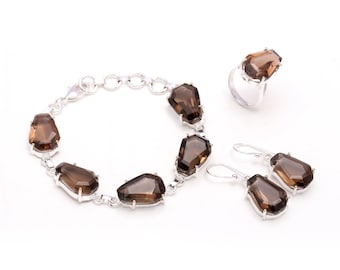 Smoky Quartz Jewelry Set: Handmade Sterling Silver Bracelet, Ring & Earrings