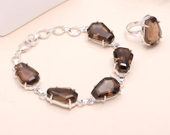 Smoky Quartz Bracelet With Quartz Ring Set, Handmade Large Smoky Crystal Jewelry Set, 925 Sterling Silver Jewelry, Statement Gift Jewelry