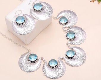 Blue Topaz Gemstone Jewelry Set, Blue Topaz-Necklace & Earring Set, Wedding Jewelry, 925 Sterling Silver, Handmade Jewelry, Gift For Easter