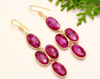 Brincos raros de rubi, brincos com pedra preciosa vermelha, brincos pendentes, joias em prata de lei 925, presente de aniversário, brincos para a mãe
