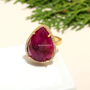 Handgemaakte robijnrode cocktailring: 925 sterlingzilveren rode edelsteen