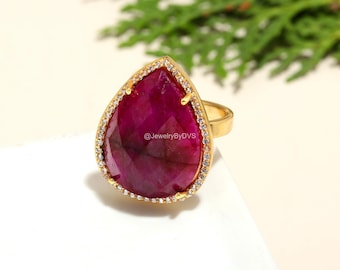 Handcrafted Ruby Cocktail Ring: 925 Sterling Silver Red Gemstone