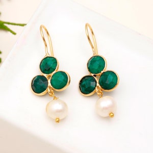 Tiny Minimalist Green Emerald & Pearl Earring, 925 Sterling Silver 14K Gold Overlay Gemstone Earrings, Natural Emerald Earring, Gift For Her