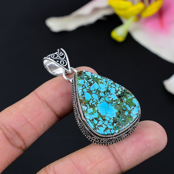 Tibetan Turquoise Pendant, 925 Sterling Silver Pendant, Sleeping Beauty Pear Shape Turquoise Pendant, Tibetan Jewelry, Gift For Young Mother