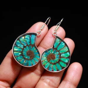 Opalized Ammonite Fossil Earrings: Elegant 925 Sterling Silver Gemstone Dangle Jewelry