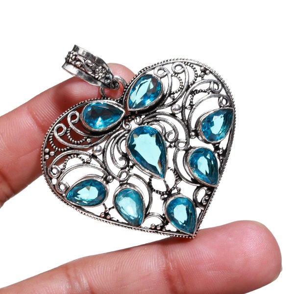 Pendentif artisanal en forme de coeur avec topaze bleue et quartz, Collier en argent fait main avec pierres précieuses, Bijoux haut de gamme Tranding, Soldes de Noël