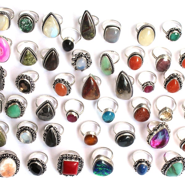 Assorted Mix Real Crystals Rings Lot, 925 Sterling Silver Plated Rings, Beach Jewelry, Cheap Price Jewelry, Wholesale Bulk Rings Lot Sale