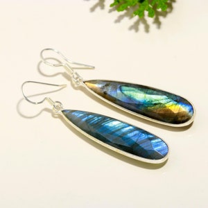 Labradorite Silver Earrings-Dangle Drop Earrings-Handmade Hook Earrings-Women Dainty Earrings-Labradorite Gemstone Earring-Gift for Her