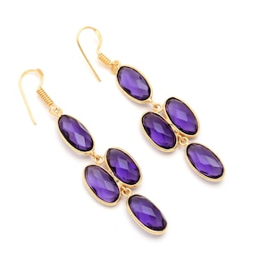 Natural Amethyst Handmade Gold Earrings, Purple Gemstone 925 Sterling Silver Earring, Multi Oval Amethyst Dangle Earrings For Women, Gifts