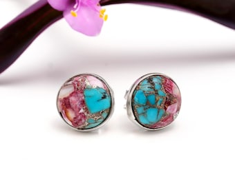 Sterling Silver Pink Oyster Turquoise Stud Earrings: Round Cut