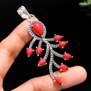 Red Coral Pendant: 925 Sterling Silver Pear Gemstone