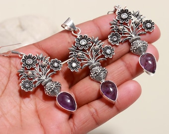 Conjunto de joias de ametista roxa, pedra preciosa de ametista natural, conjunto de pingente e brinco, joias de prata esterlina 925, presente para casamento, presente de noiva
