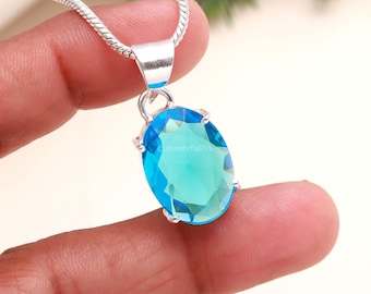Catena con ciondolo ovale in topazio blu svizzero, gioiello artigianale in argento sterling 925 con pietra portafortuna di dicembre