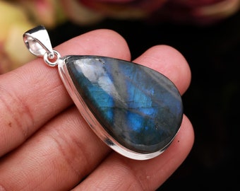 Colgante de labradorita de fuego azul natural, colgante de plata de ley, colgante minimalista hecho a mano, joyería de labradorita, regalo de Navidad para ella