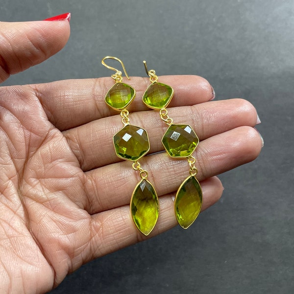 Peridot Green Gemstone Earrings-Statement Gold Plated Earrings-Women Dangle Earrings-Designer Earrings-Birthstone Earrings-Peridot Earrings