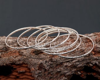 7 Pcs Hammered Sterling Silver Bangle Set: Thin Boho Bracelet