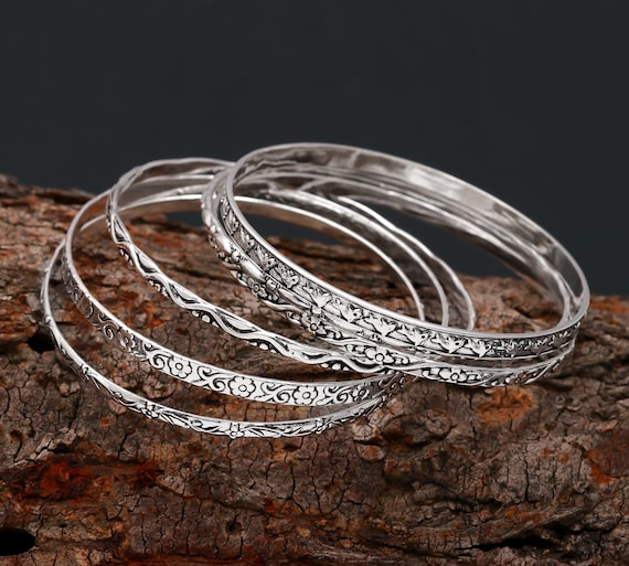 Handmade Sterling Silver Bangle Set: Boho Silver Churi, 6 Pcs - Etsy