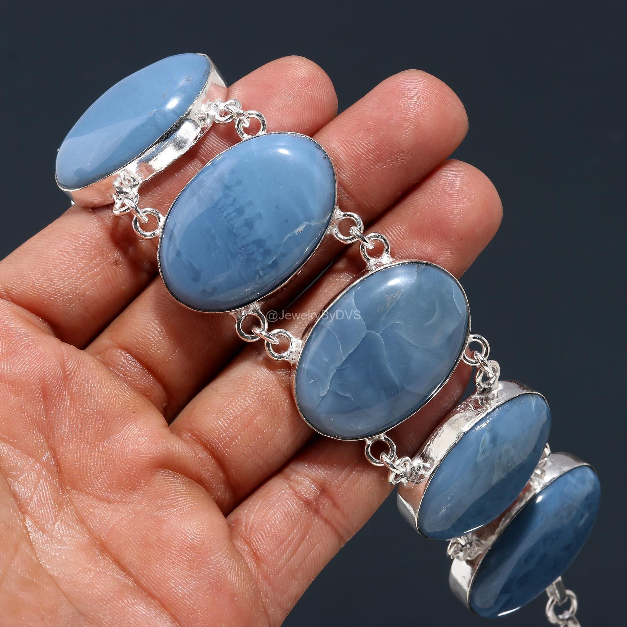 ブルーオパールブレスレット：925スターリングシルバーチェーン