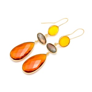 Natural Labradorite-Yellow Onyx- Citrine Quartz Earring, Designer Multi Crystal Handmade Earring, 925 Sterling Silver Jewelry, Wedding Gifts