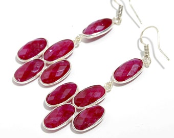 Natuurlijke robijnoorbellen, 925 sterlingzilveren rode robijnrode sieraden, sierlijke oorbellen met meerdere edelstenen, juli geboortesteen handgemaakte designer sieraden, cadeau