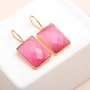Pink Monalisa Handmade Earrings, Sterling Silver Minimalist Jewelry, Square Faceted Gemstone Simple Daily Wear Earring, Birthday Gift